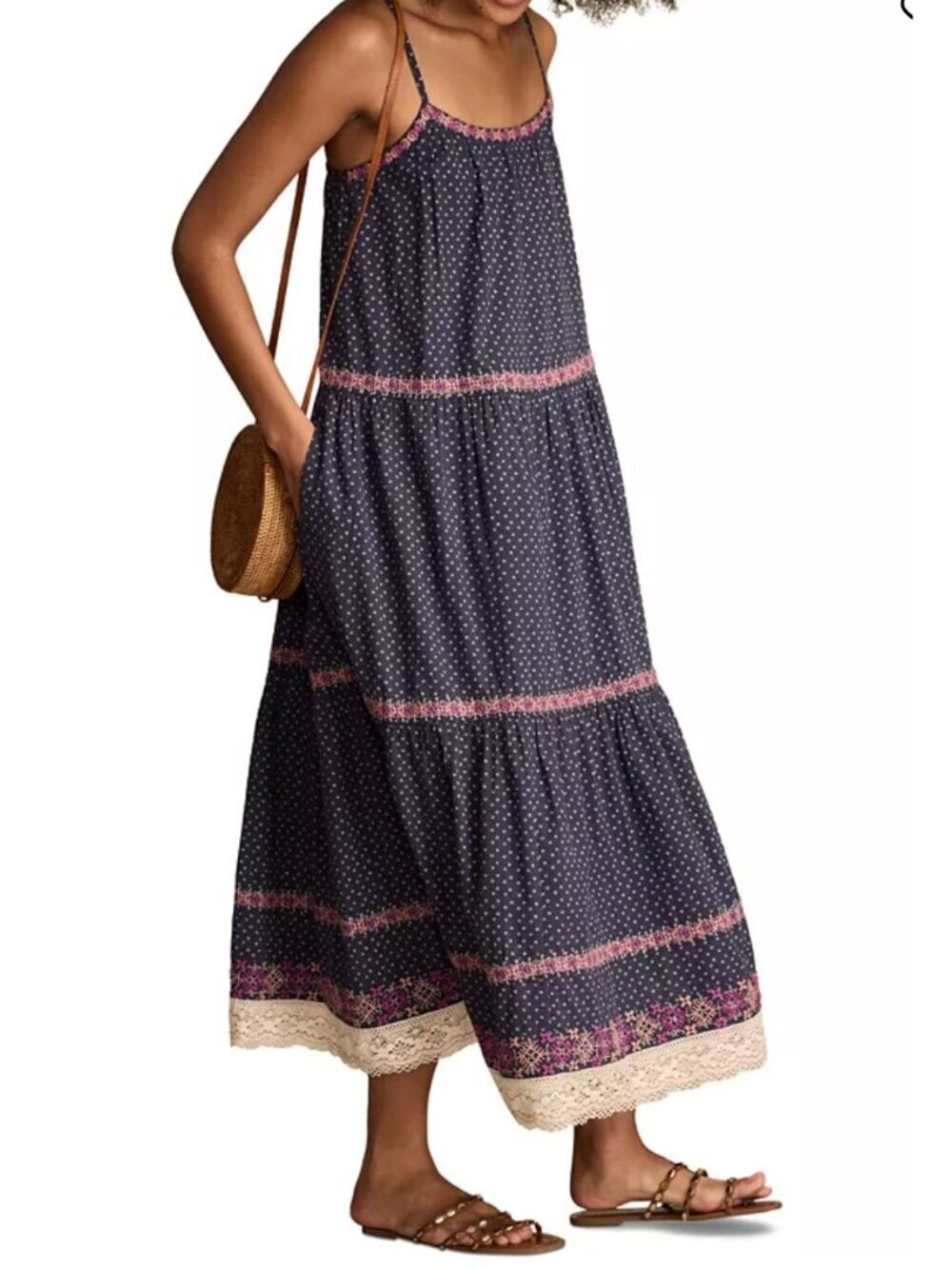 NWT Lucky Brand Embroidered Maxi Dress M Boho Floral Beige MSRP $179